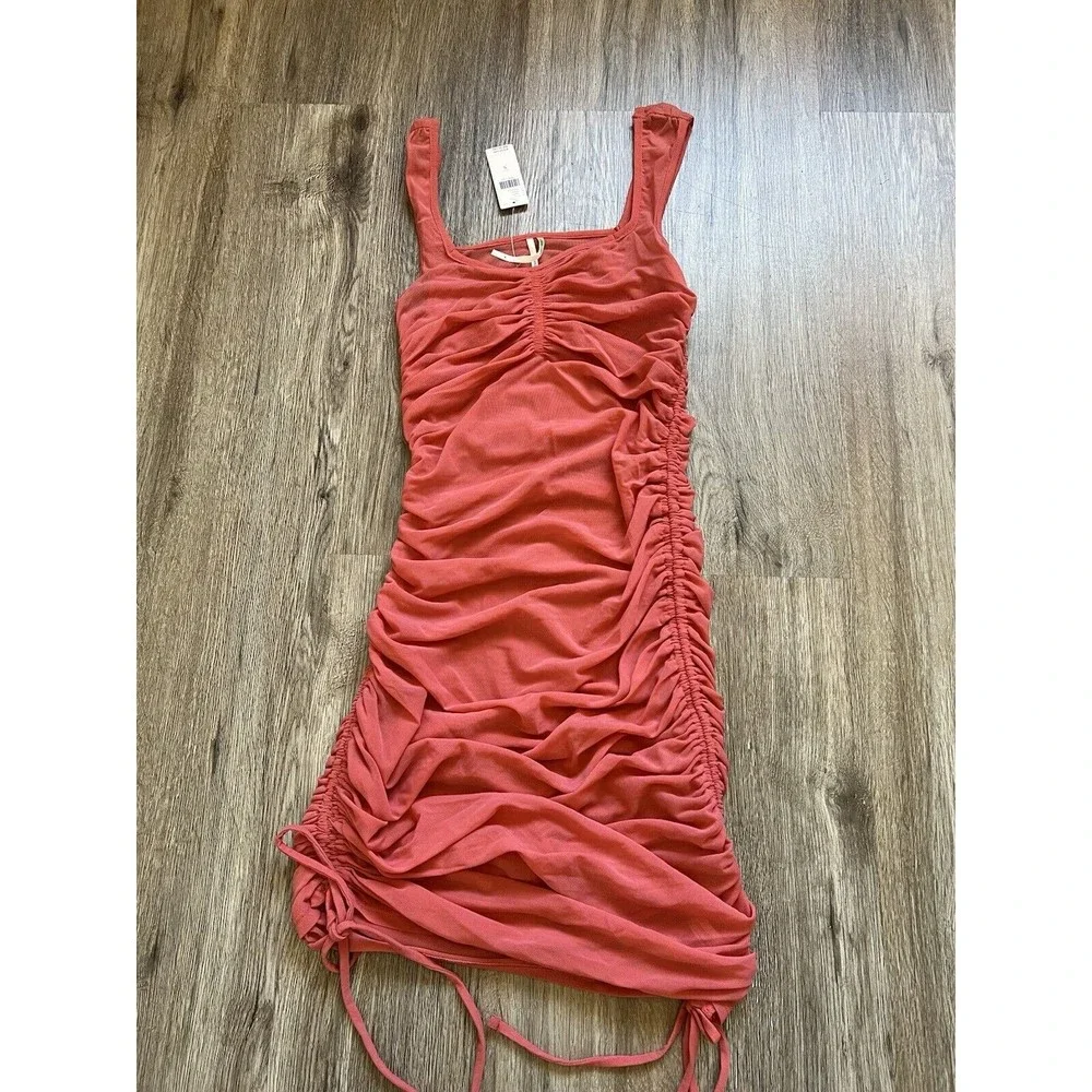 Anthropologie Sheer Mesh Cover Up Dress Womens Rose Knit Ruched Tie Size Small